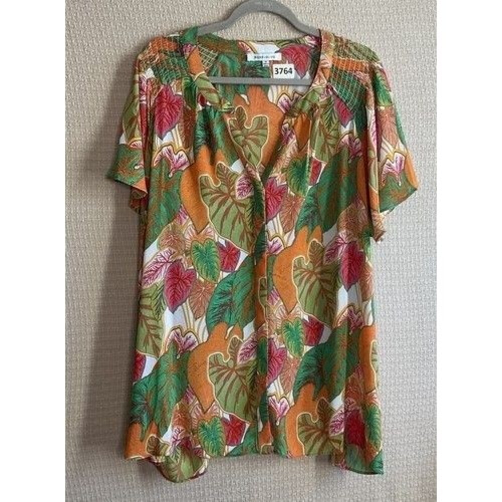 NWOT Rose & Olive Short Sleeve Button Up Women Plus Size 3X Eclectic Orange Leav